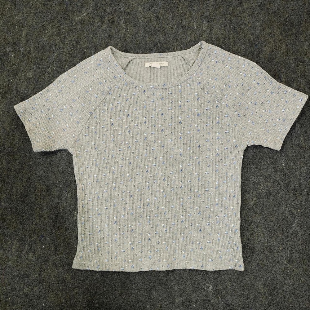 American Eagle Women Grey Blue Sequin Ribbed Knit Short Sleeve Top Size M